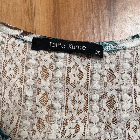 Talia Kume Green & White Paisley Mesh Sheer Henley Top Whimsygoth Grunge Size 8 - Picture 8 of 8